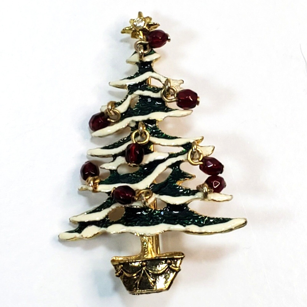 Gold Tone Metal White Green Red Sparkle Enamel Christmas Tree Brooch Pin